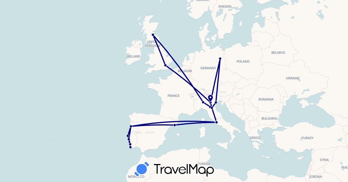 TravelMap itinerary: driving in Germany, Spain, United Kingdom, Italy, Portugal (Europe)